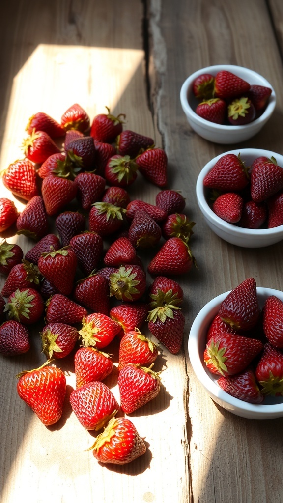 Oven-dried strawberries on a wooden table, with fresh strawberries in the background.